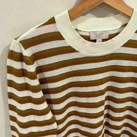 Loft Women’s Striped Puff Sleeve Knit Crewneck Sweater Pullover Tan White Size S - Picture 3 of 7